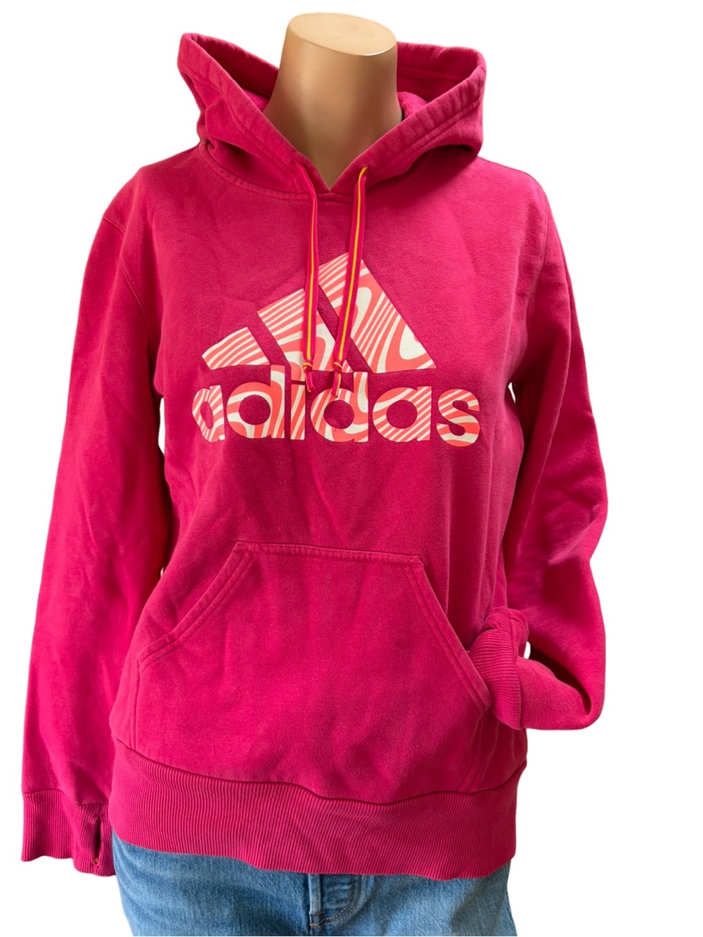 Adidas Raspberry Pink Logo Hoodie M | Fleece Pullover Sweatshirt Thumbhole Cuffs